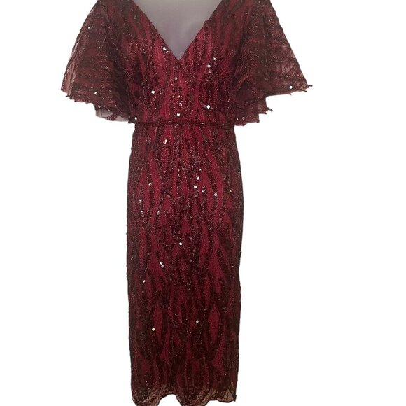 Mac Duggal Burgundy Sequin Midi Dress 68013 Size 16 NWT - Picture 4 of 7